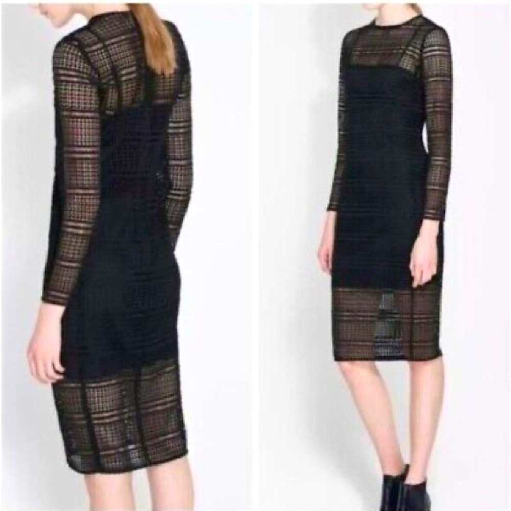 ZARA Black Lattice Crochet Lace Long Sleeve Midi Shift Dress - Picture 3 of 10